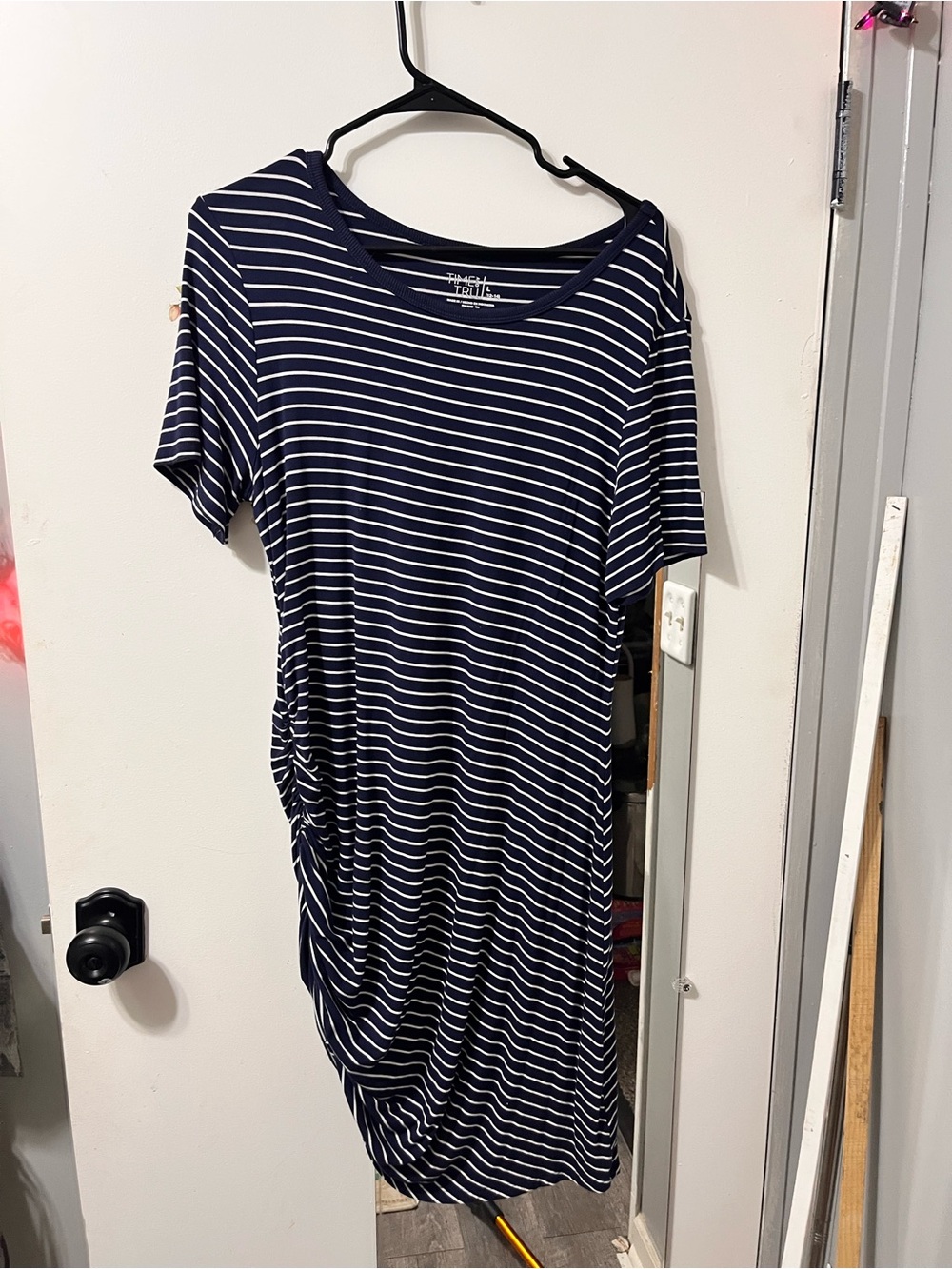 Time & Tru Navy and White Striped Side-Ruched Tunic